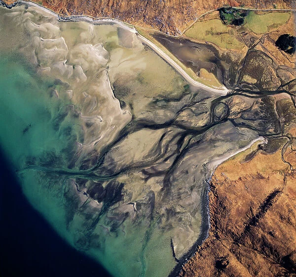 Aerial image of Scotland, UK: Barrisdale Bay, fresh water channels flow out through the sands into the fjord of Loch Hourn, the Knoydart Peninsula, near Corran, Highland