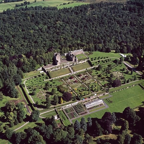 Aerial image of Scotland, UK: Drummond Castle and one of Scotland's finest Italian Renaissance style formal gardens, south of Crieff, Perthshire