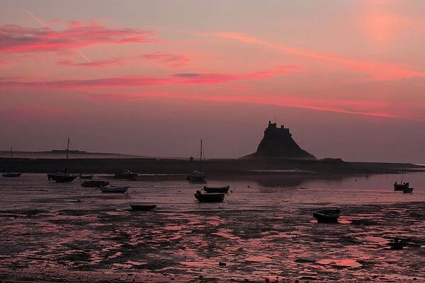 Lindisfarne Castle - at dawn over harbour, Holy Island, Northumberland National Park, England