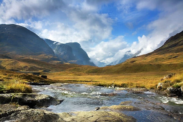 Mountain Stream - view looking down the valley looking towards Glencoe with the Three Sisters on the left - November - Scotland - UK