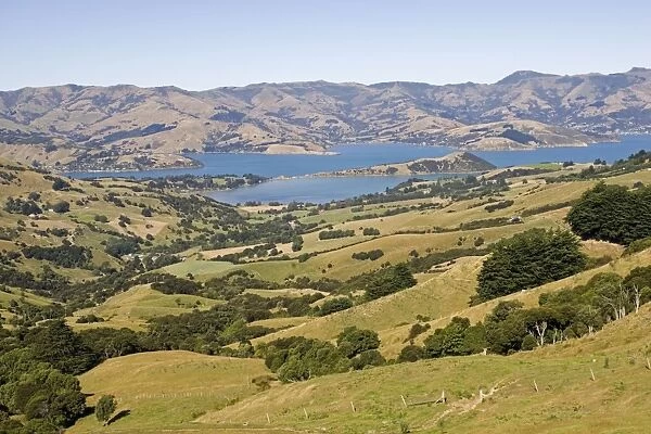 New Zealand - Scenic of Akaroa harbour surrounded by volcanic hills- Banks Peninsula