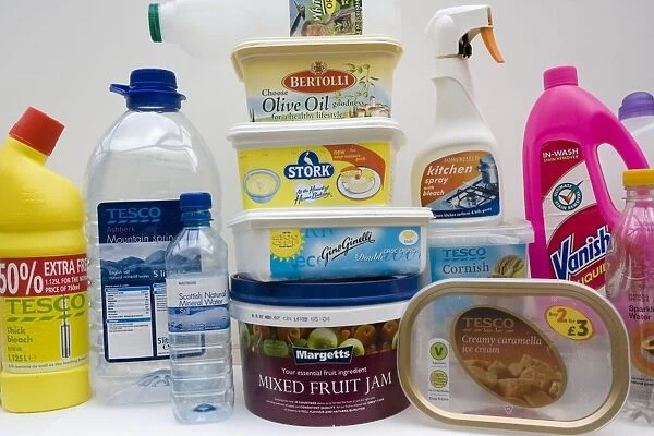 Plastic - variety of household items in plastic packaging including food containers, ice cream, magaraine, jam, drink, s cleaning fluids, milk and water UK waste PET (Polyethylene terephthalate)