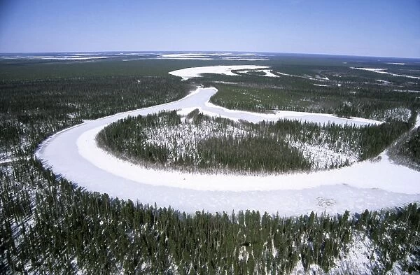 River Taz winter aerial, North Siberia Helicopter view over frozen river Taz and lakes (old river-beds), taiga-forest; typical; winter; North Tumen region, Russia Tz30. 0375