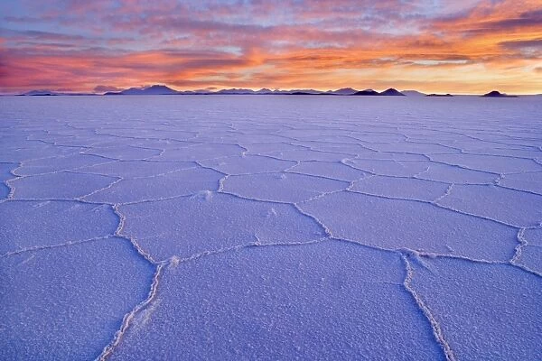 Salar de Uyuni - polygonal salt pattern on dried up salt lake and colourful clouds at dusk - Salar de Uyuni - Altiplano - Bolivia - South America