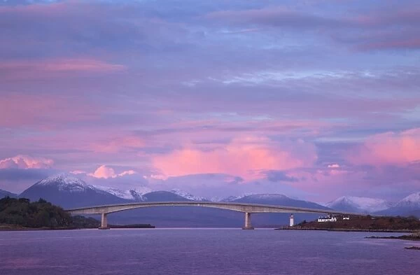Skye bridge with the mountains of Skye covered in snow in the background on a beautiful morning - November - Kyle of Lochalsh - Scotland