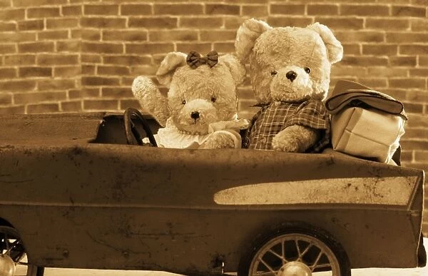 Teddy Bear - x2 teddies in car Digital Manipulation: extra arm, sepia