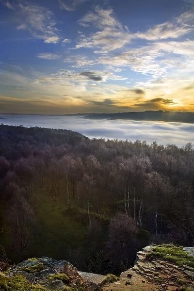 View form Hathersage over looking frost covered Silver Birch trees with mist in the valley towards Grindleford - Hathersage - Peak District - Derbyshire - England