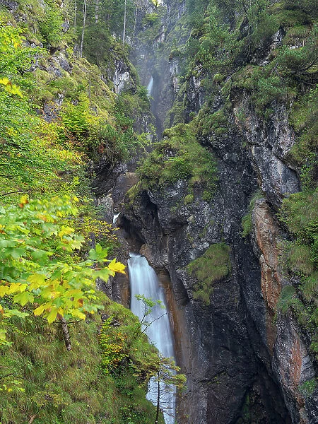 Waterfall in gorge of Gaisalpbach near Oberstdorf in the Allgau. Germany, Bavaria Date: 30-09-2020