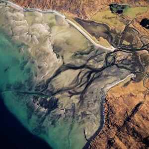 Aerial image of Scotland, UK: Barrisdale Bay, fresh water channels flow out through the sands into the fjord of Loch Hourn, the Knoydart Peninsula, near Corran, Highland