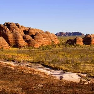 Domes and Piccaninny creek - panoramic view of famous, banded sandstone domes and dried-up riverbed of Piccaninny Creek - Bungle Bungle National Park, Purnululu National Park, Western Australia, Australia