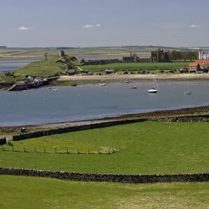 Lindisfarne, Holy Island-view of harbour, village and monastry, Northumberland UK