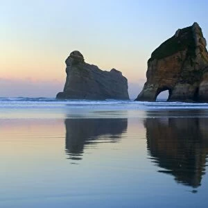Rocky Islands - by powerful surf sculpted rock islands with caves and arches at Wharariki beach just before sunrise - Wharariki Beach, Golden Bay, Nelson District, South Island, New Zealand
