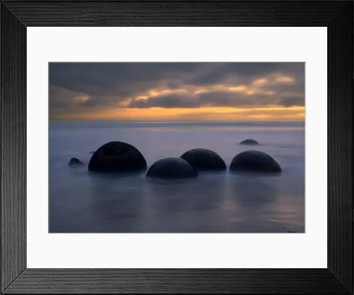 Framed Print : Moeraki Boulders massive spherical rocks at dawn surrounded by water of incoming tide Coastal Otago, South Island, New Zealand Framed Print : Moeraki Boulders massive spherical rocks at dawn surrounded by water of incoming tide Coastal Otago, South Island, New Zealand