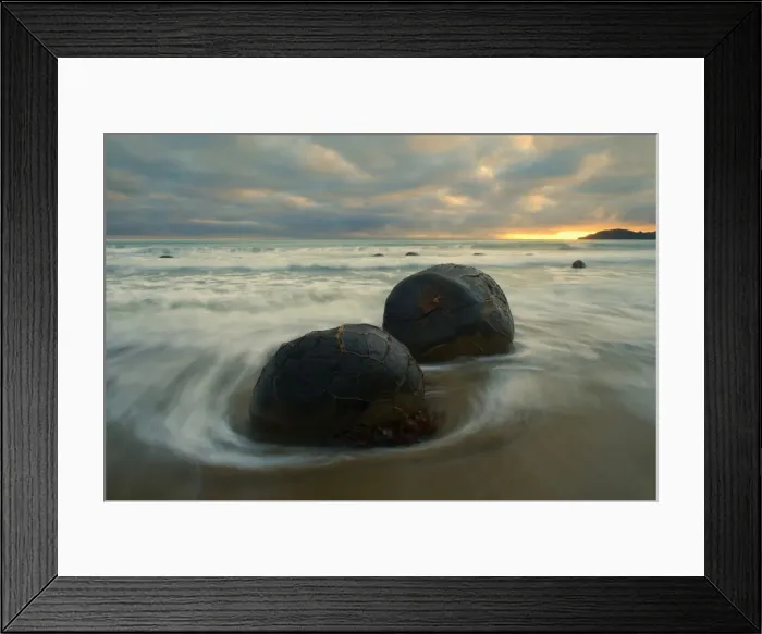 Framed Print : Moeraki Boulders massive spherical rocks at dawn surrounded by water of incoming tide Coastal Otago, South Island, New Zealand Framed Print : Moeraki Boulders massive spherical rocks at dawn surrounded by water of incoming tide Coastal Otago, South Island, New Zealand