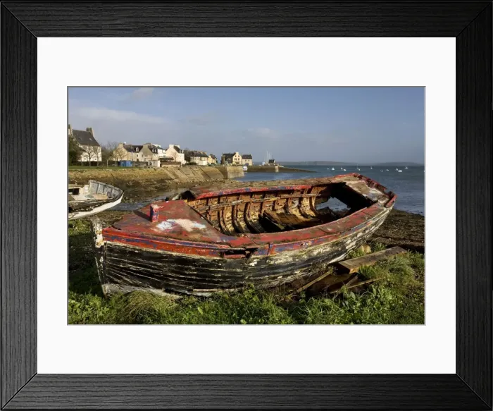 Framed Print : Old Boat on shore by harbour. Le Fret, Brittany, France Framed Print : Old Boat on shore by harbour. Le Fret, Brittany, France