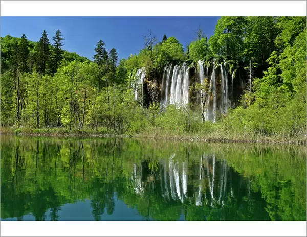 Waterfall with reflection in the upper lakes area Plitvice Lakes National Park, Croatia