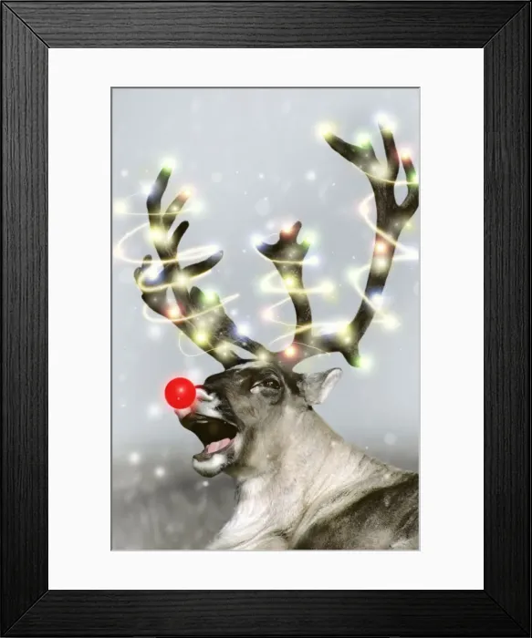 Framed Print : Barrren Ground Caribou  /  Reindeer - Rudolph the red-nosed Reindeer. Alaska MJ62 Digital Manipulation: red nose, lights, falling snow & background