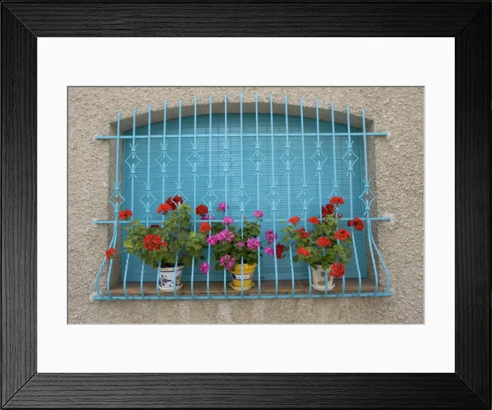 Framed Print : Attractive window display with blue railings and red geraniums, la Bastide-de-Serou, France Framed Print : Attractive window display with blue railings and red geraniums, la Bastide-de-Serou, France