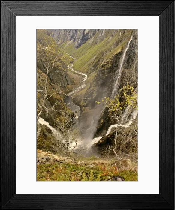 Framed Print : waterfalls view of the thundering water masses of Voringfossen and Simadalen in early spring Voringfossen, Hardangervidda, Fjord-Norway, Norway Framed Print : waterfalls view of the thundering water masses of Voringfossen and Simadalen in early spring Voringfossen, Hardangervidda, Fjord-Norway, Norway