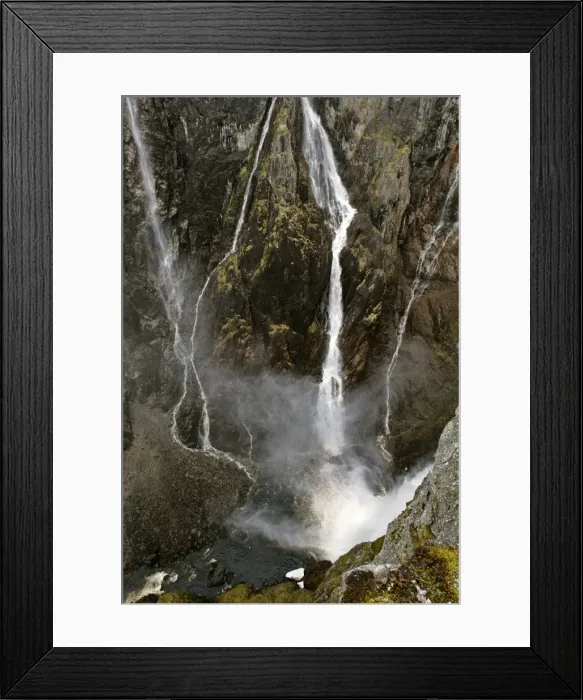 Framed Print : waterfalls view into deep gorge towards the thundering water masses of Voringfossen in early spring Voringfossen, Hardangervidda, Fjord-Norway, Norway