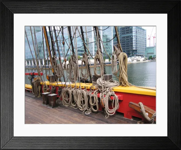 Framed Print : The Swedish Ship Gotheborg - ropes / rigging. Replica of 1738 East Indiaman ship built according to traditional methods & materials. Moored at South Quay, London Framed Print : The Swedish Ship Gotheborg - ropes / rigging. Replica of 1738 East Indiaman ship built according to traditional methods & materials. Moored at South Quay, London