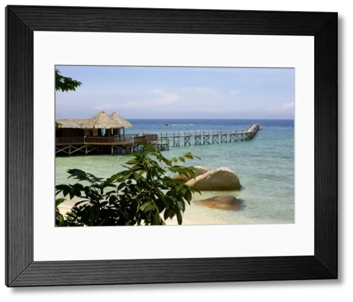 Framed Print : Sand beach, a bar and a jetty of the small Bagus Place Retreat resort on Tioman Island, 30 km east off peninsula Malaysia in South China Sea; June. Ma39. 3486 Framed Print : Sand beach, a bar and a jetty of the small Bagus Place Retreat resort on Tioman Island, 30 km east off peninsula Malaysia in South China Sea; June. Ma39. 3486