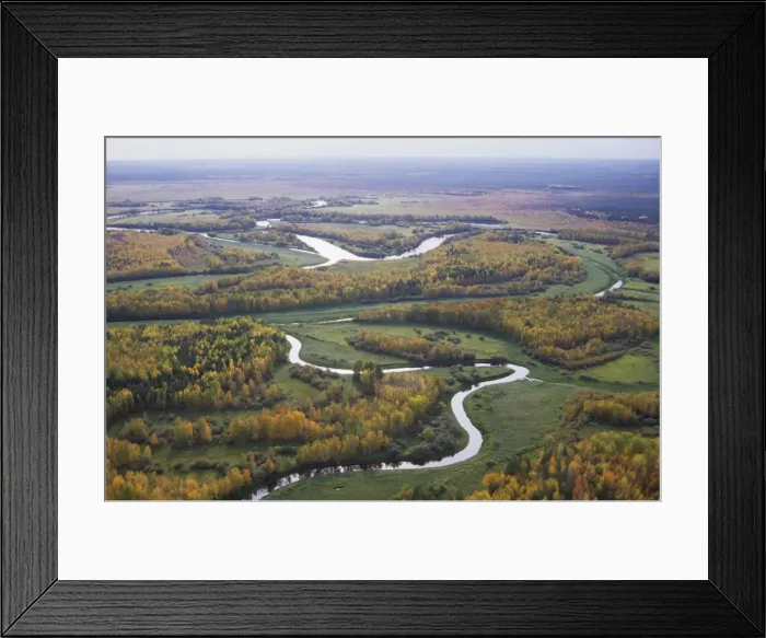 Framed Print : River Sosva meanders, forest and meadows (used for hay-making and transporting by the river); autumn; typical in North Ural Mountains region, Russia Ur31. 0006 Framed Print : River Sosva meanders, forest and meadows (used for hay-making and transporting by the river); autumn; typical in North Ural Mountains region, Russia Ur31. 0006