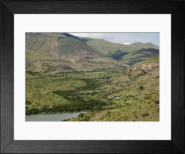 Framed Print : Mountain Zebra National Park - view including Doornhoek farm houses, locality for original film of the book Story of an African Farm by Olive Schreiner and now used as tourist accommodation Framed Print : Mountain Zebra National Park - view including Doornhoek farm houses, locality for original film of the book Story of an African Farm by Olive Schreiner and now used as tourist accommodation