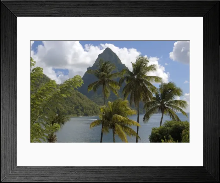 Framed Print : St. Lucia - The Bay at Soufriere & Gros Piton beyond. Palm trees in foreground. Windward Islands, St. Lucia. February Framed Print : St. Lucia - The Bay at Soufriere & Gros Piton beyond. Palm trees in foreground. Windward Islands, St. Lucia. February