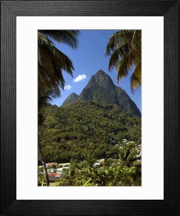 Framed Print : A view of The Pitons Mountains, with dense green undergrowth in the middle ground. The resort town of Soufriere in the foreground. February. St Lucia Framed Print : A view of The Pitons Mountains, with dense green undergrowth in the middle ground. The resort town of Soufriere in the foreground. February. St Lucia