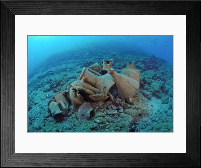 Framed Print : Etruscan Amphora in a protected archaeological area on the sea bed in Antalya, Turkey. Mediterranean Sea. The amphora will remain on the sea bed Framed Print : Etruscan Amphora in a protected archaeological area on the sea bed in Antalya, Turkey. Mediterranean Sea. The amphora will remain on the sea bed