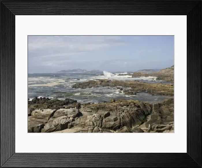 Framed Print : Illas Cies viewed from coast at Baiona Galicia Spain