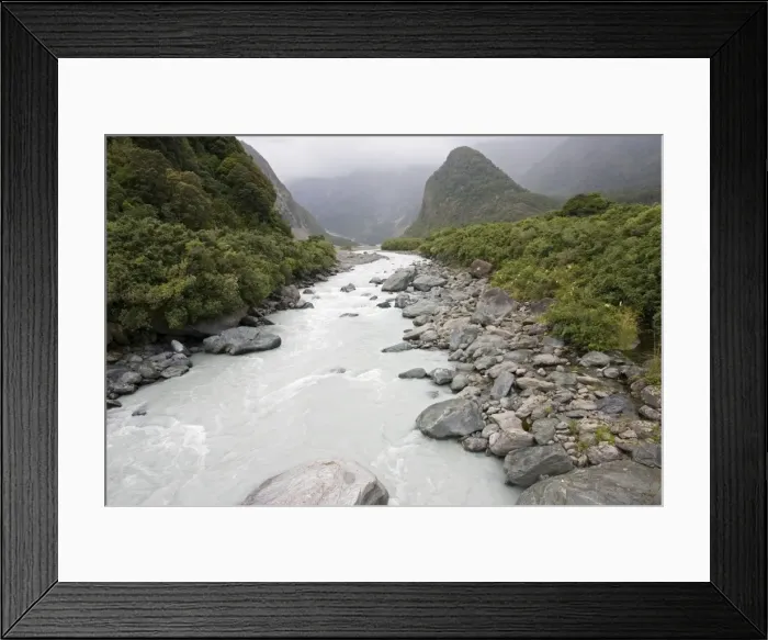 Framed Print : Fox river - from historic suspension bridge. Fox Glacier Westland World Heritage Park - South Island - New Zealand Framed Print : Fox river - from historic suspension bridge. Fox Glacier Westland World Heritage Park - South Island - New Zealand