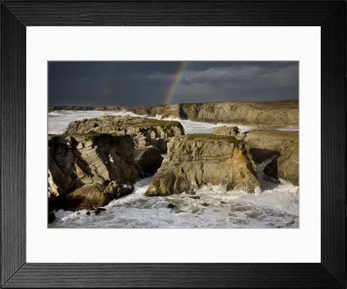 Framed Print : Rainbow over rocky coastline - Cote Sauvage - Brittany - France Framed Print : Rainbow over rocky coastline - Cote Sauvage - Brittany - France