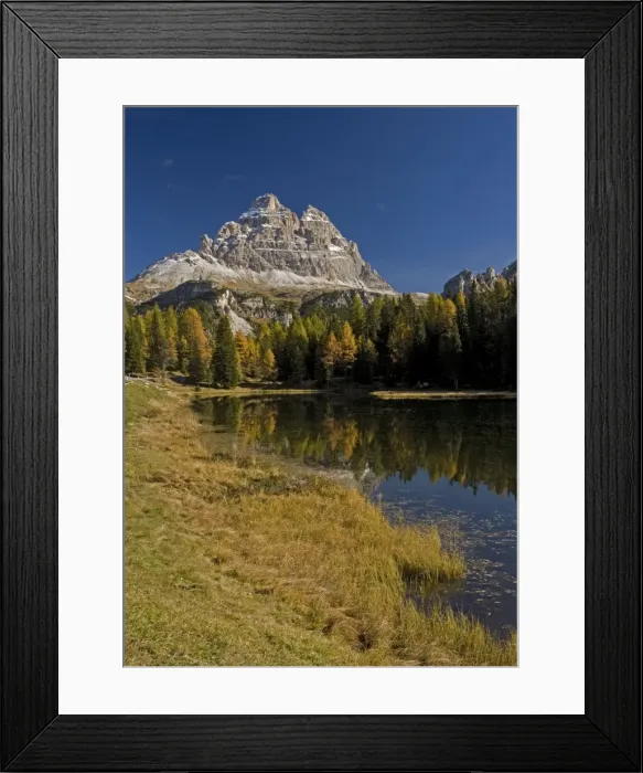 Framed Print : Dolomites: The Tre Cime (= Drei Zinnen) across Lago Antorno, in autumn Italy Framed Print : Dolomites: The Tre Cime (= Drei Zinnen) across Lago Antorno, in autumn Italy