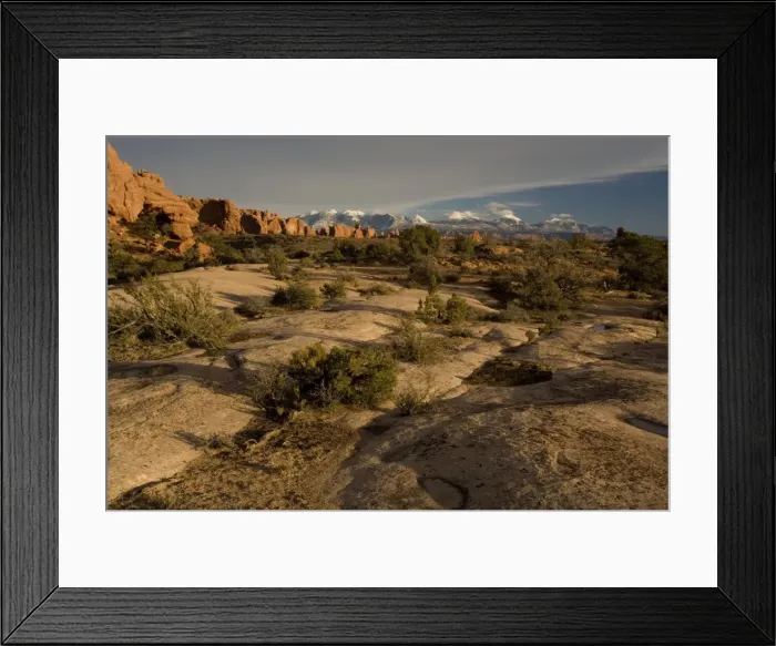Framed Print : General view across The Windows area towards La Sal mountains, in winter. Arches National Park, Utah. Evening light Framed Print : General view across The Windows area towards La Sal mountains, in winter. Arches National Park, Utah. Evening light