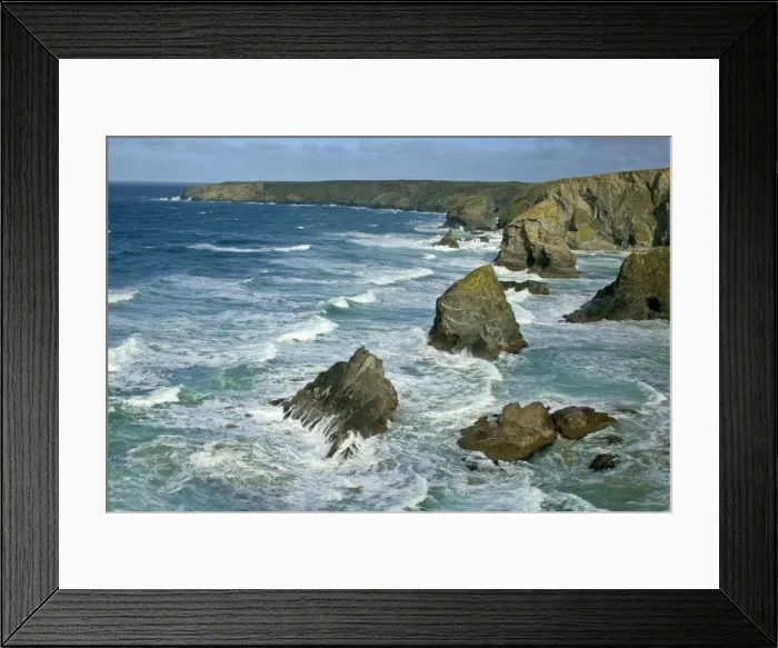 Framed Print : Bedruthan Steps overview over rugged coastline and sea stacks Cornwall, England, UK Framed Print : Bedruthan Steps overview over rugged coastline and sea stacks Cornwall, England, UK