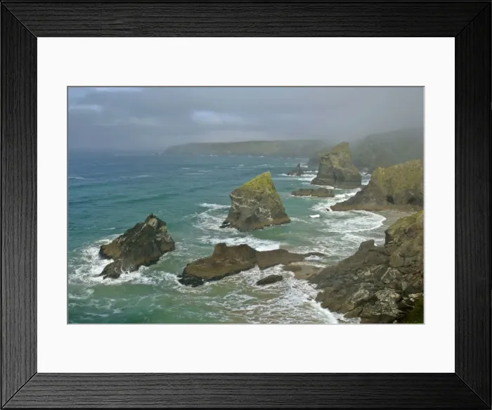 Framed Print : Bedruthan Steps overview over rugged coastline and sea stacks Cornwall, England, UK Framed Print : Bedruthan Steps overview over rugged coastline and sea stacks Cornwall, England, UK