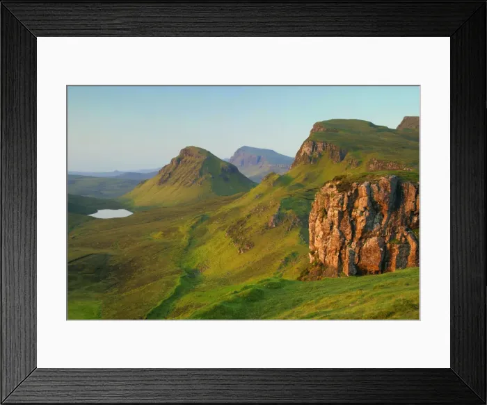 Framed Print : The Quiraing landscape lake and rolling velvet green slopes sprinkled with basaltic spikes of rock and cliffs at sunrise Isle of Skye, Western Highlands, Scotland, UK Framed Print : The Quiraing landscape lake and rolling velvet green slopes sprinkled with basaltic spikes of rock and cliffs at sunrise Isle of Skye, Western Highlands, Scotland, UK