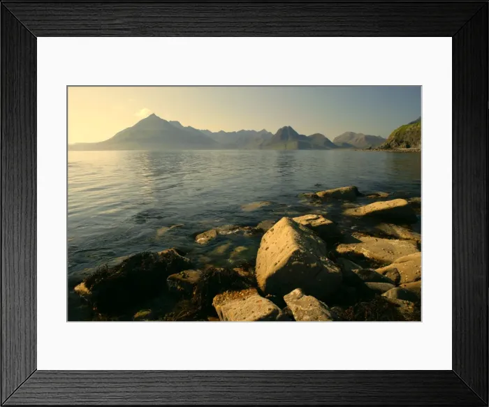 Framed Print : Sunset at beach near Elgol with boulders in foreground and jagged Cuillin mountains in background Elgol, Isle of Skye, Western Highlands, Scotland, UK Framed Print : Sunset at beach near Elgol with boulders in foreground and jagged Cuillin mountains in background Elgol, Isle of Skye, Western Highlands, Scotland, UK