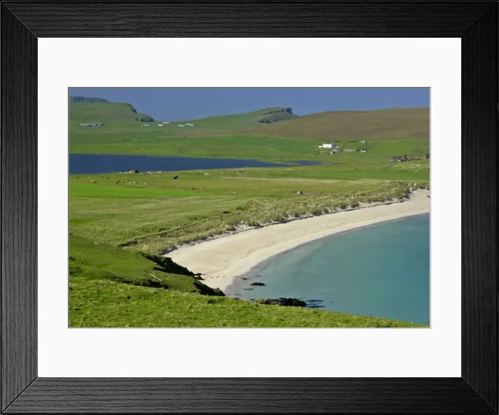 Framed Print : Summer beach beach of Scousburgh Sands on the right and Loch Spiggie on the left South Mainland, Shetland Isles, Scotland, UK Framed Print : Summer beach beach of Scousburgh Sands on the right and Loch Spiggie on the left South Mainland, Shetland Isles, Scotland, UK