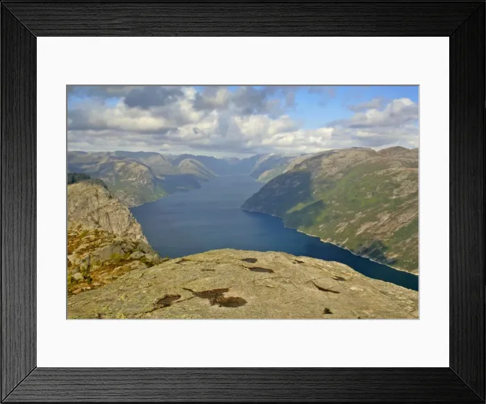 Framed Print : Preikestolen view from rock pulpit Preikestolen down to Lysefjord and surrounding mountains Preikestolen, Telemark, Norway Framed Print : Preikestolen view from rock pulpit Preikestolen down to Lysefjord and surrounding mountains Preikestolen, Telemark, Norway