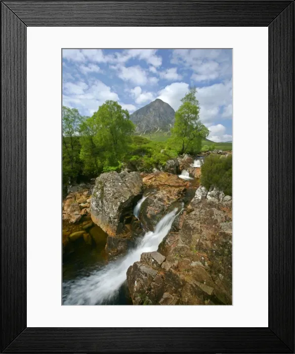 Framed Print : Mountain scenery Buachaille Etive Mor and waterfalls of Coupal river at low water level with red rocks and boulders visible Glen Etive, Glencoe area, Highlands, Scotland, UK Framed Print : Mountain scenery Buachaille Etive Mor and waterfalls of Coupal river at low water level with red rocks and boulders visible Glen Etive, Glencoe area, Highlands, Scotland, UK