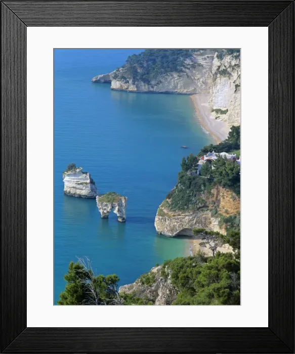 Framed Print : Adriatic Sea coastline with blue sea, pine forest, white chalk cliffs and sea stacks Gargano Peninsula, Apulia, Italy Framed Print : Adriatic Sea coastline with blue sea, pine forest, white chalk cliffs and sea stacks Gargano Peninsula, Apulia, Italy