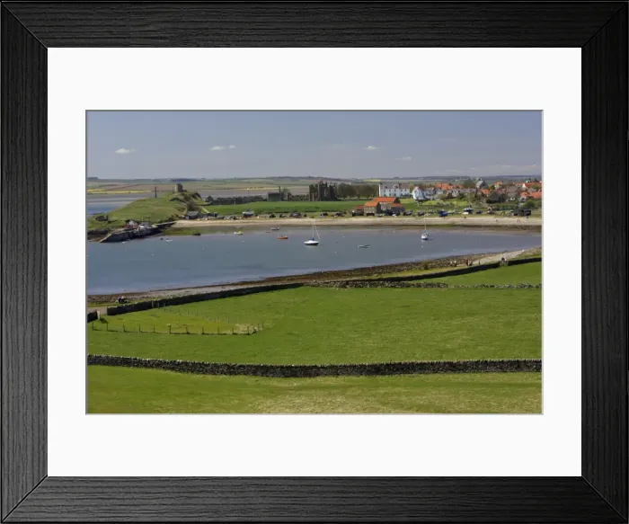 Framed Print : Lindisfarne, Holy Island-view of harbour, village and monastry, Northumberland UK Framed Print : Lindisfarne, Holy Island-view of harbour, village and monastry, Northumberland UK