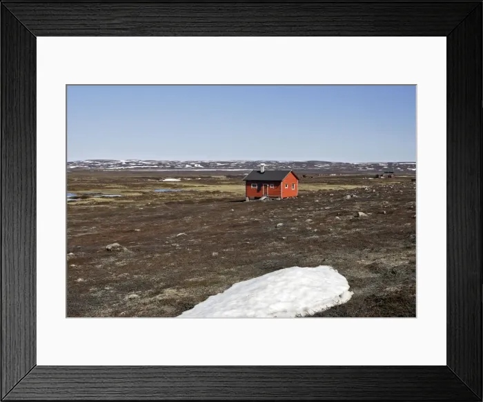 Framed Print : Norway - tundra landscape at edge of Varanger Fjord - North Norway. Colonised by small, possibly mobile, housing Framed Print : Norway - tundra landscape at edge of Varanger Fjord - North Norway. Colonised by small, possibly mobile, housing