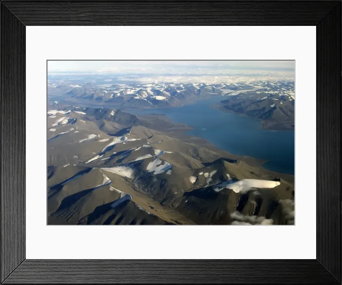 Framed Print : Aerial view of the Spitzbergen, south Svalbard - showing mountains and glacier valley Framed Print : Aerial view of the Spitzbergen, south Svalbard - showing mountains and glacier valley