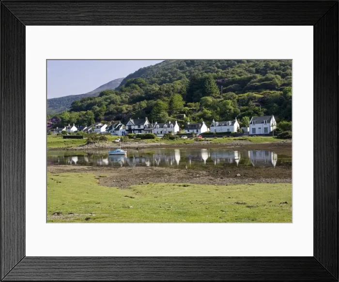 Framed Print : Row of cottages reflected in harbour Lochranza Isle of Arran Bute Scotland UK Framed Print : Row of cottages reflected in harbour Lochranza Isle of Arran Bute Scotland UK