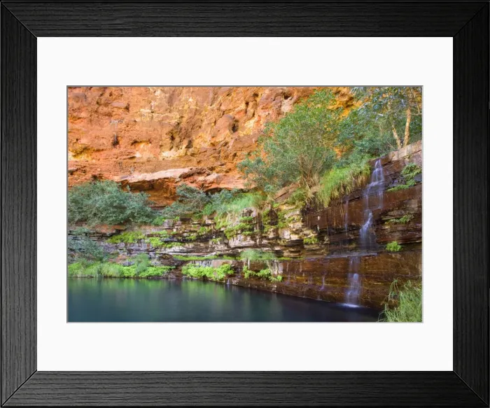 Framed Print : Circular Pool - water cascades down a steep, heavily with fern covered, terraced canyon wall into picturesque Circular Pool. The dark turquoise coloured water contrasts nicely with the bright red canyon walls Framed Print : Circular Pool - water cascades down a steep, heavily with fern covered, terraced canyon wall into picturesque Circular Pool. The dark turquoise coloured water contrasts nicely with the bright red canyon walls