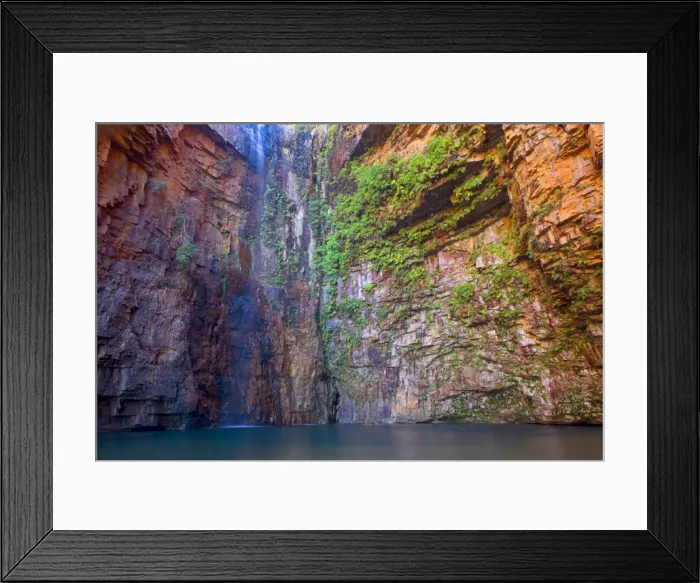 Framed Print : Emma Gorge Waterfall - water plunges down a steep cliff into a picturesque plunge pool in Emma Gorge which is located along the famous Gibb River Road in the El Questro Wilderness Area Framed Print : Emma Gorge Waterfall - water plunges down a steep cliff into a picturesque plunge pool in Emma Gorge which is located along the famous Gibb River Road in the El Questro Wilderness Area